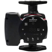 Grundfos ALPHA 15-58F black circulator pump with digital display showing flow rate and smart control interface.