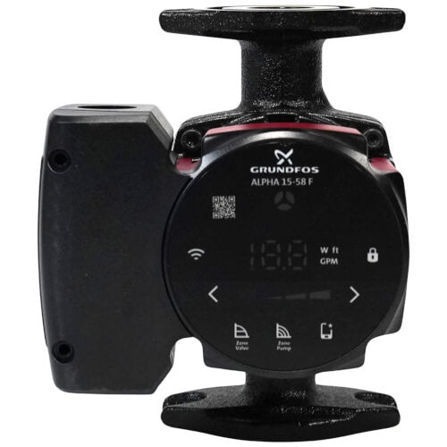 Grundfos ALPHA 15-58F black circulator pump with digital display showing flow rate and smart control interface.