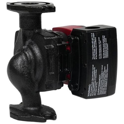 Black cast iron circulator pump with integrated black motor unit featuring red accent stripe and specifications label.