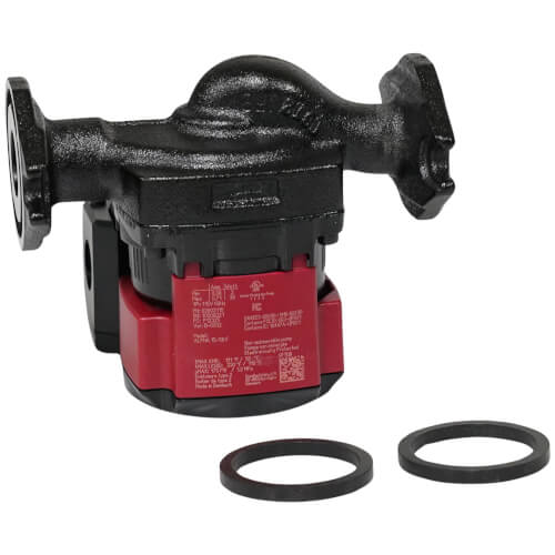 Grundfos ALPHA 15-58F circulator pump with black cast iron body, red motor housing, and two rubber sealing rings.