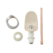 Elkay bubbler replacement kit containing gray metal collar, cream rubber rings, white plastic spout with chrome fitting, and 