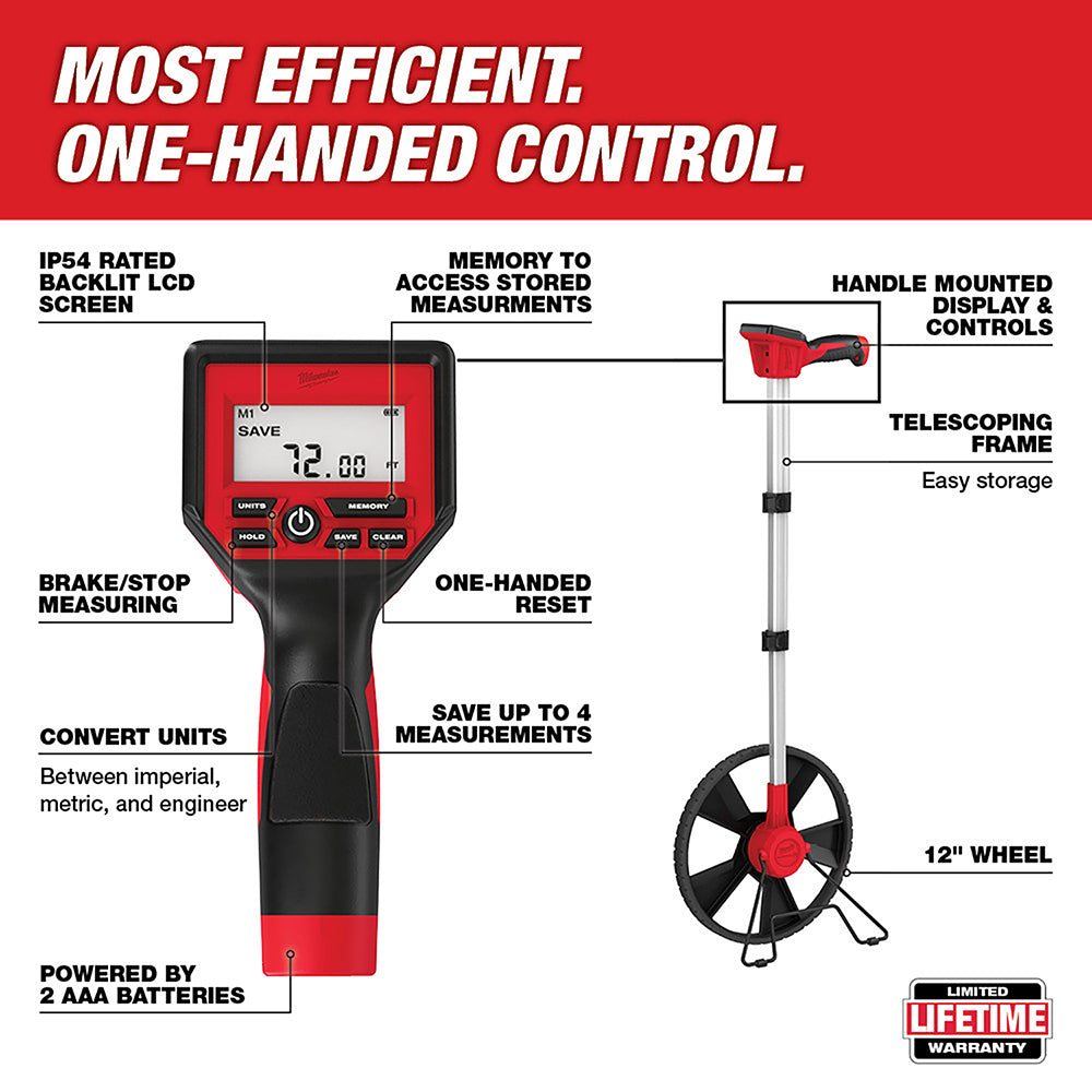 Red and black digital measuring wheel with 12-inch wheel, backlit LCD display, and telescoping handle with mounted controls.