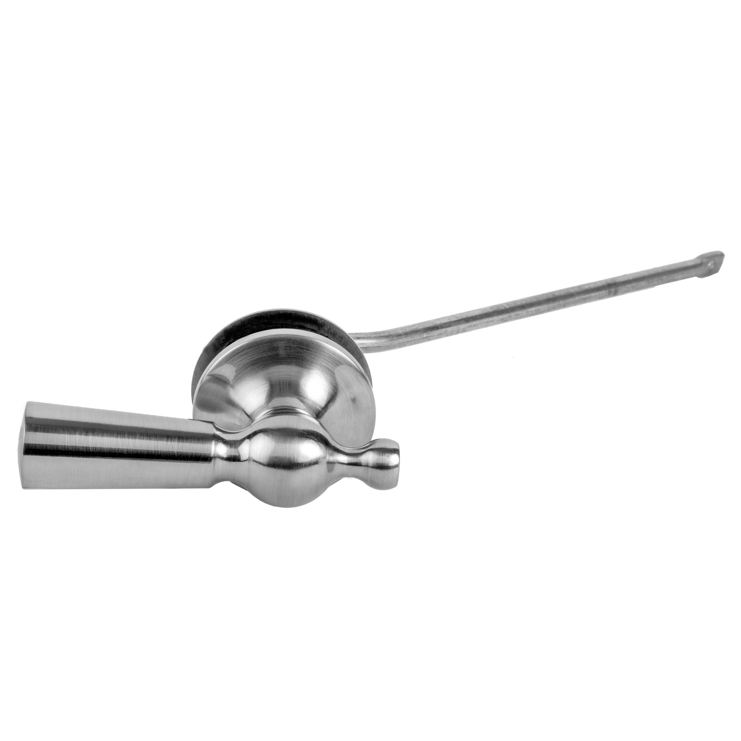 Matte black and brushed metal toilet tank trip lever with curved handle and cylindrical connection fitting.