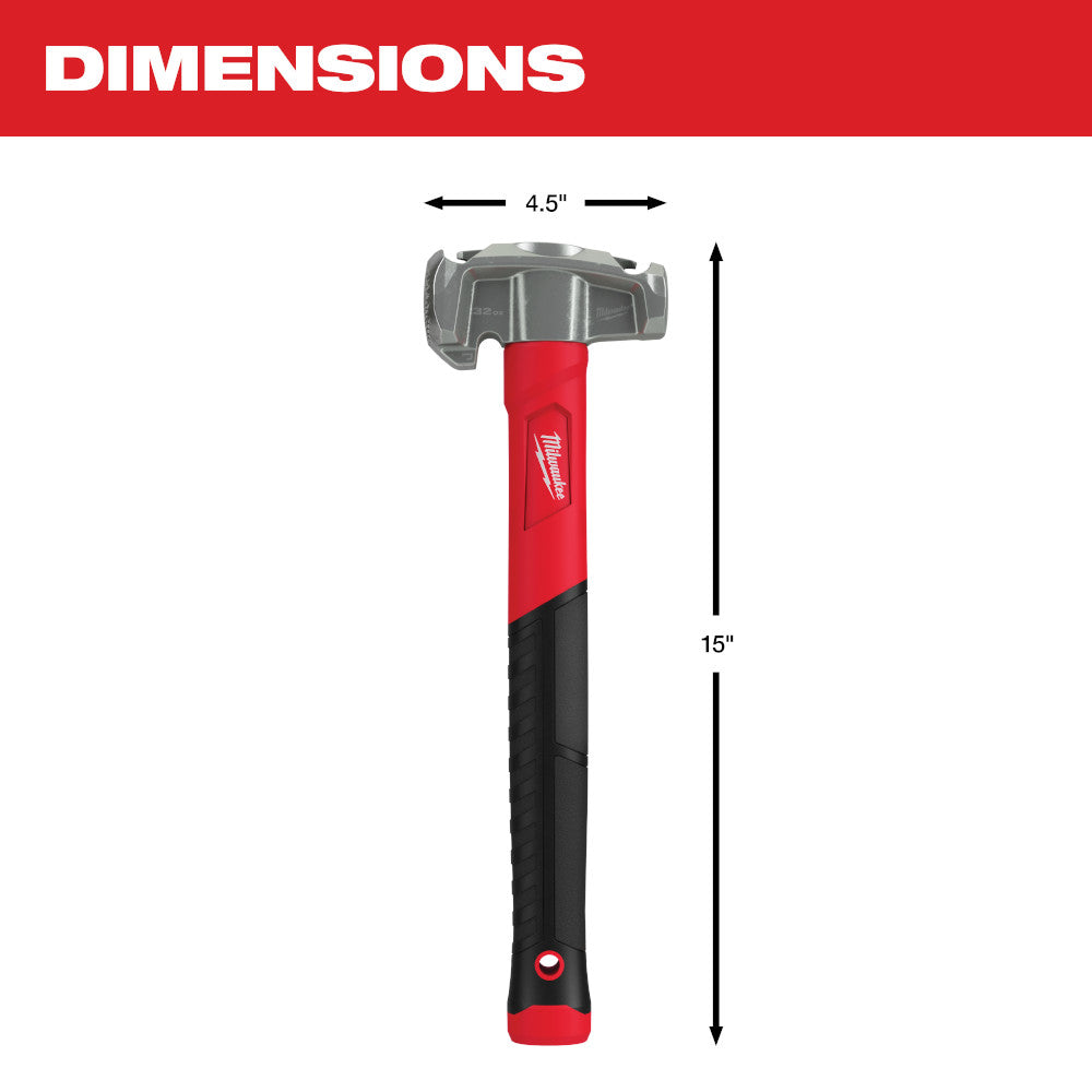 Milwaukee lineman's hammer with 4.5" metal head and 15" red and black handle, dimensions marked.