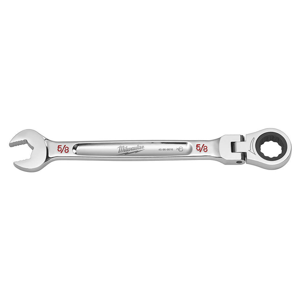 Silver Milwaukee 5/8" flex head combination wrench with open end on left and ratcheting socket end on right.