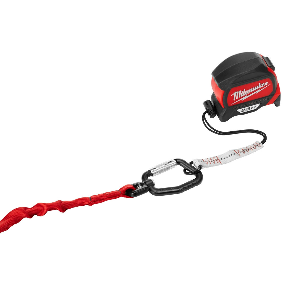 Red and black Milwaukee tool lanyard with red elastic cord, black carabiner, and red/white shock absorber connected to red an