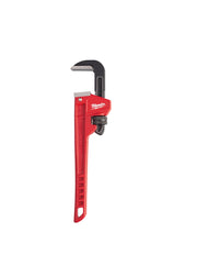 Red steel pipe wrench with black hook jaw and adjustable lower jaw on white background.