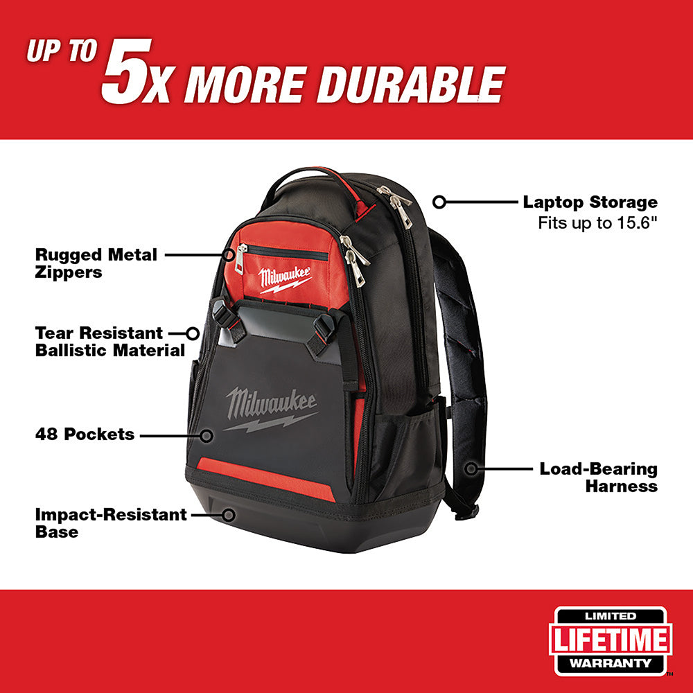 Black and red Milwaukee jobsite backpack with 48 pockets, metal zippers, and laptop storage up to 15.6 inches.