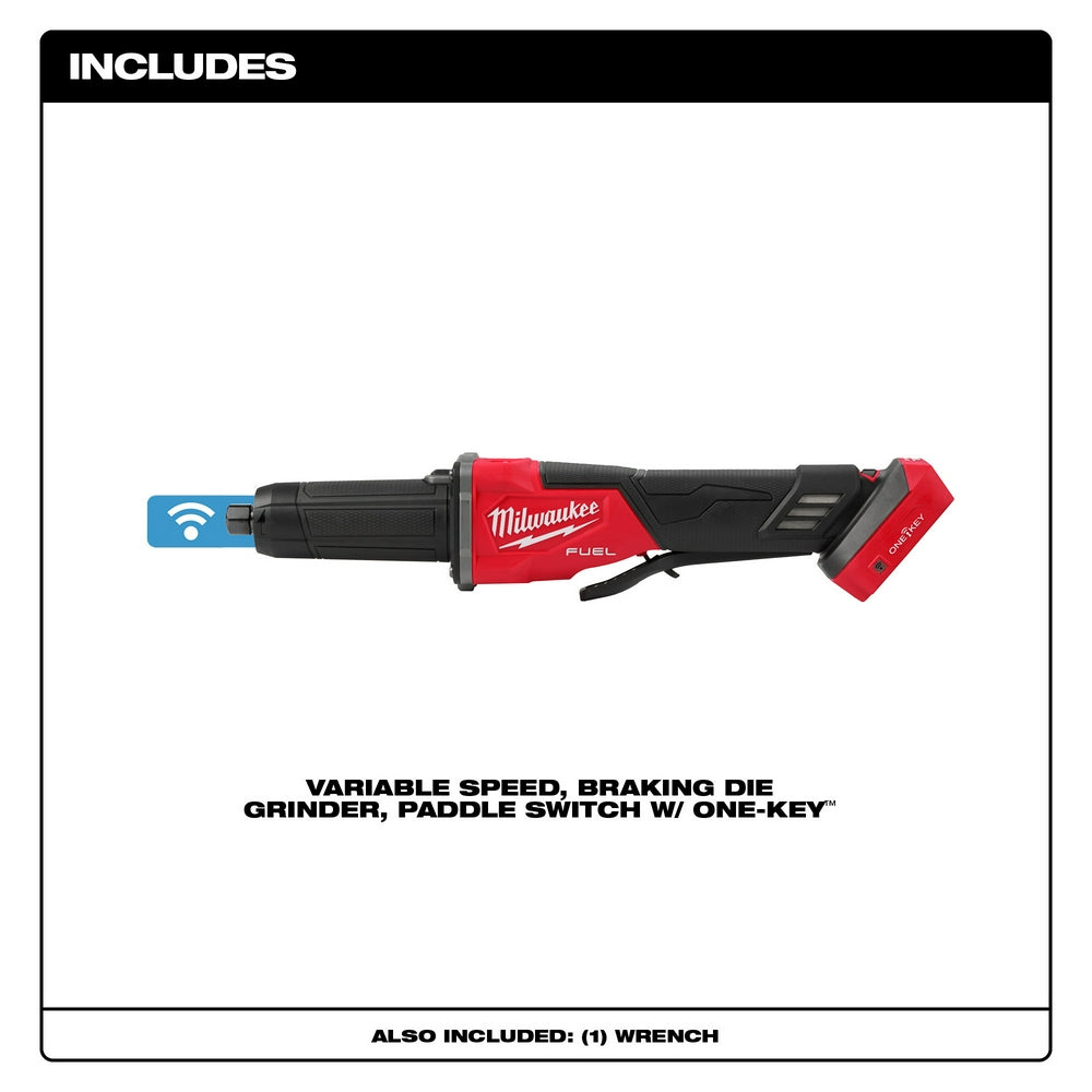 Milwaukee M18 FUEL red and black die grinder with paddle switch and ONE-KEY connectivity icon visible.