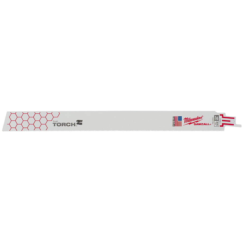 Milwaukee THE TORCH 12 in. reciprocating saw blade with fine teeth pattern and red accent mounting end.