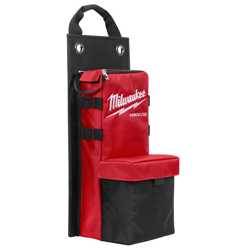 Milwaukee utility crimper and cutter bag with black handle, red front panel, and black storage pockets.