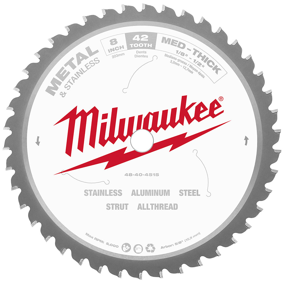 Milwaukee 8-inch circular saw blade with 42 carbide teeth for dry cutting stainless steel and aluminum.