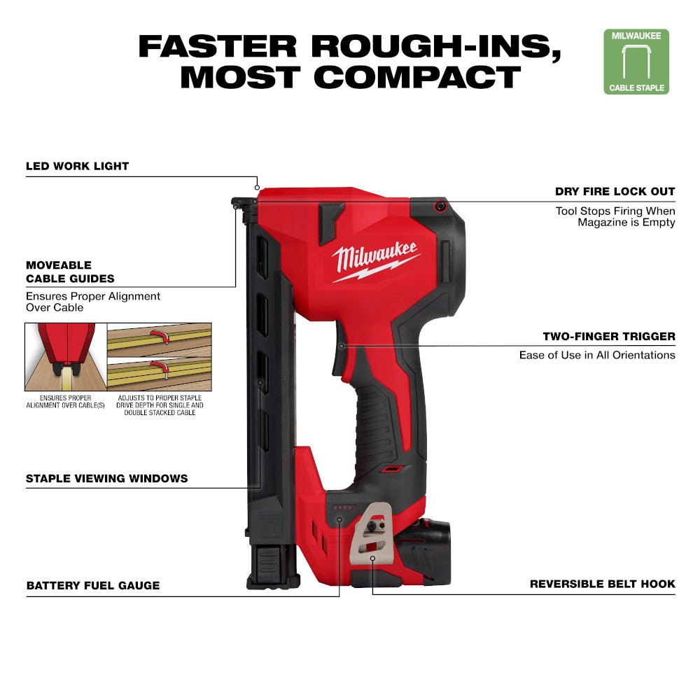Milwaukee M12 cordless cable stapler with red and black housing, LED work light, and two-finger trigger.