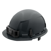 Gray hard hat with front brim, ratcheting suspension system, and side adjustment mechanisms.