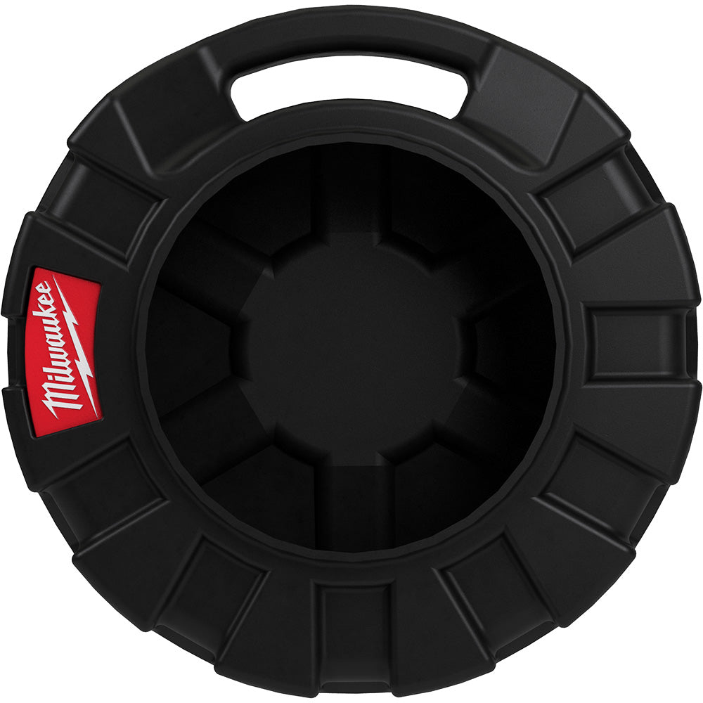 Black plastic Milwaukee cable container with handle and compartmented interior for sectional cable storage.