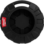 Black plastic Milwaukee cable container with handle and compartmented interior for sectional cable storage.