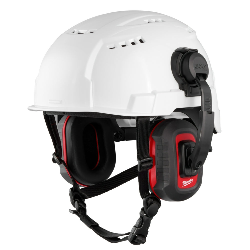 White safety helmet with attached black and red earmuffs on both sides and chin strap.
