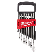 Seven metric ratcheting combination wrenches with chrome finish displayed in red and black Milwaukee storage case with handle