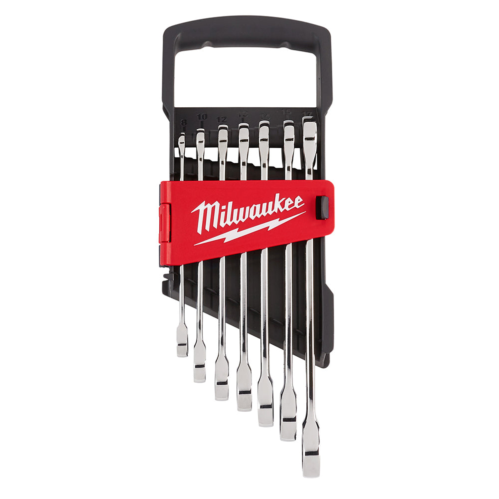Seven metric ratcheting combination wrenches with chrome finish displayed in red and black Milwaukee storage case with handle