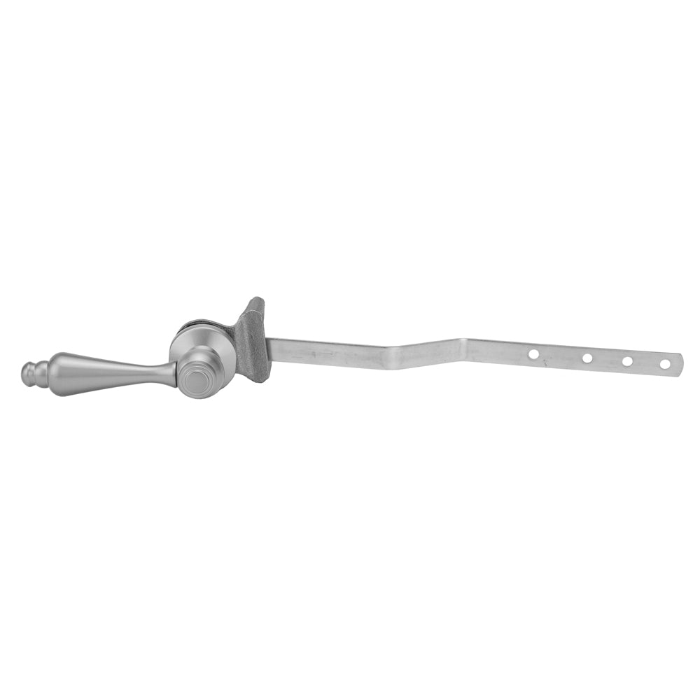 Polished chrome toilet tank trip lever with tapered handle, curved arm, and mounting holes on right end.