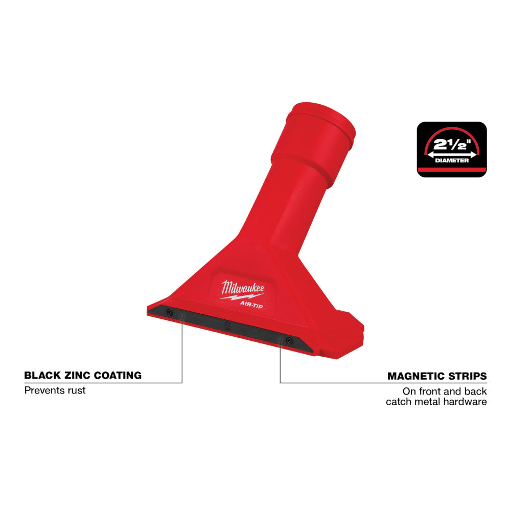 Red 2 1/2" utility nozzle with black magnetic strips and zinc coating, labeled Milwaukee AIR-TIP.