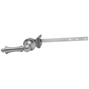 Vintage bronze toilet tank trip lever with decorative handle and metal mounting arm with three attachment holes.