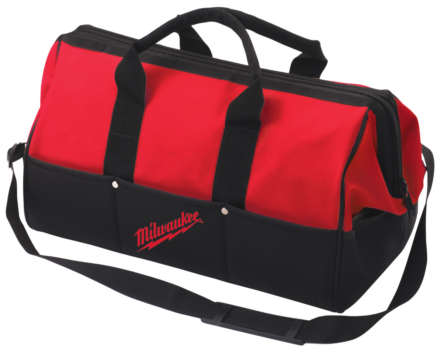 Red and black Milwaukee contractor bag with dual handles and shoulder strap.