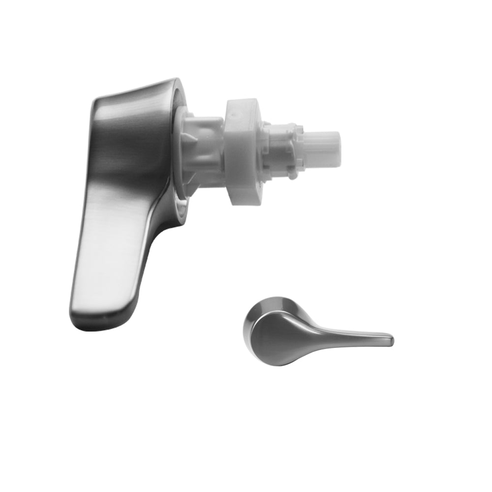 Satin nickel toilet tank trip lever assembly with curved handle and mounting hardware for side mount installation.