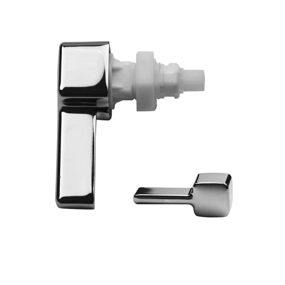 Matte black toilet tank trip lever with white button and internal mechanism, shown with separate mounting hardware.