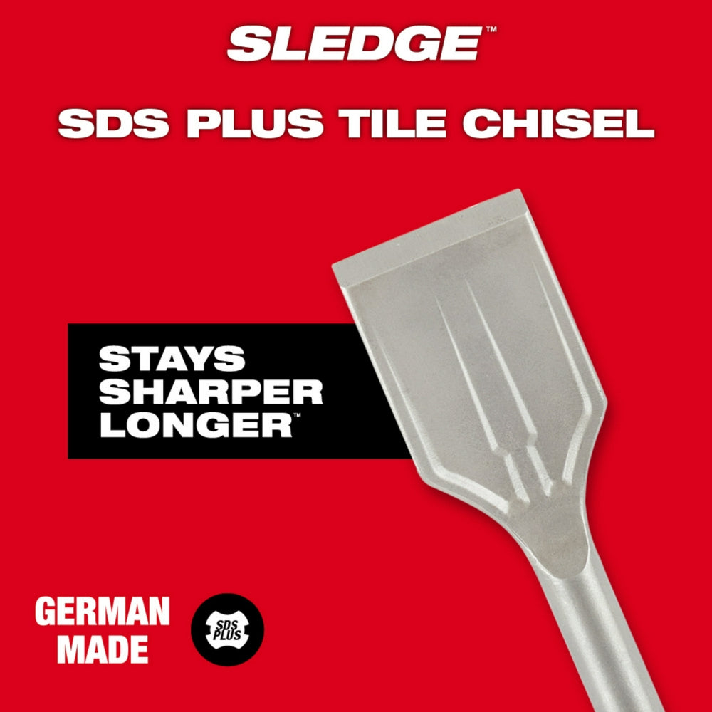 Milwaukee SDS Plus tile chisel with flat steel blade and cylindrical handle on red background.