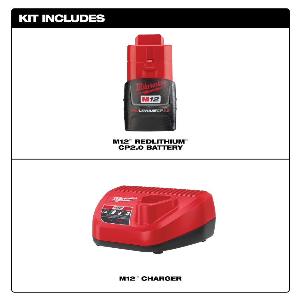 Milwaukee M12 REDLITHIUM 2.0Ah battery with red and black casing and M12 charger with red housing and control panel.