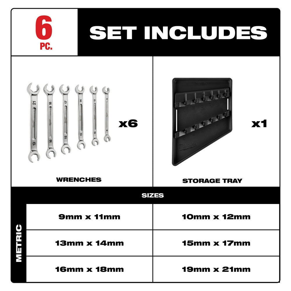 Six metric double end flare nut wrenches in sizes 9-21mm with black storage tray.