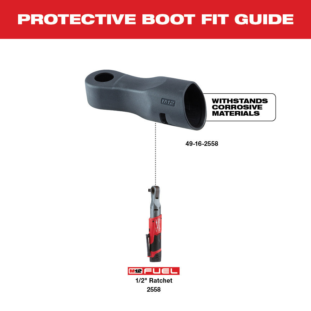 Gray rubber protective boot with circular opening and mounting hole, designed for Milwaukee M12 FUEL 1/2" ratchet.
