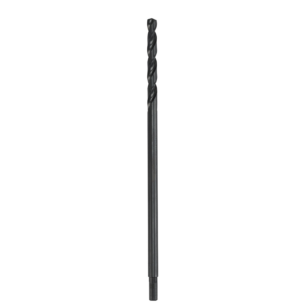 Black oxide aircraft length drill bit with spiral flutes and reduced shank.