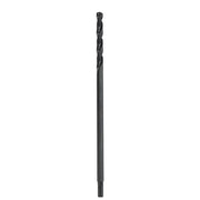 Black oxide aircraft length drill bit with spiral flutes and reduced shank.