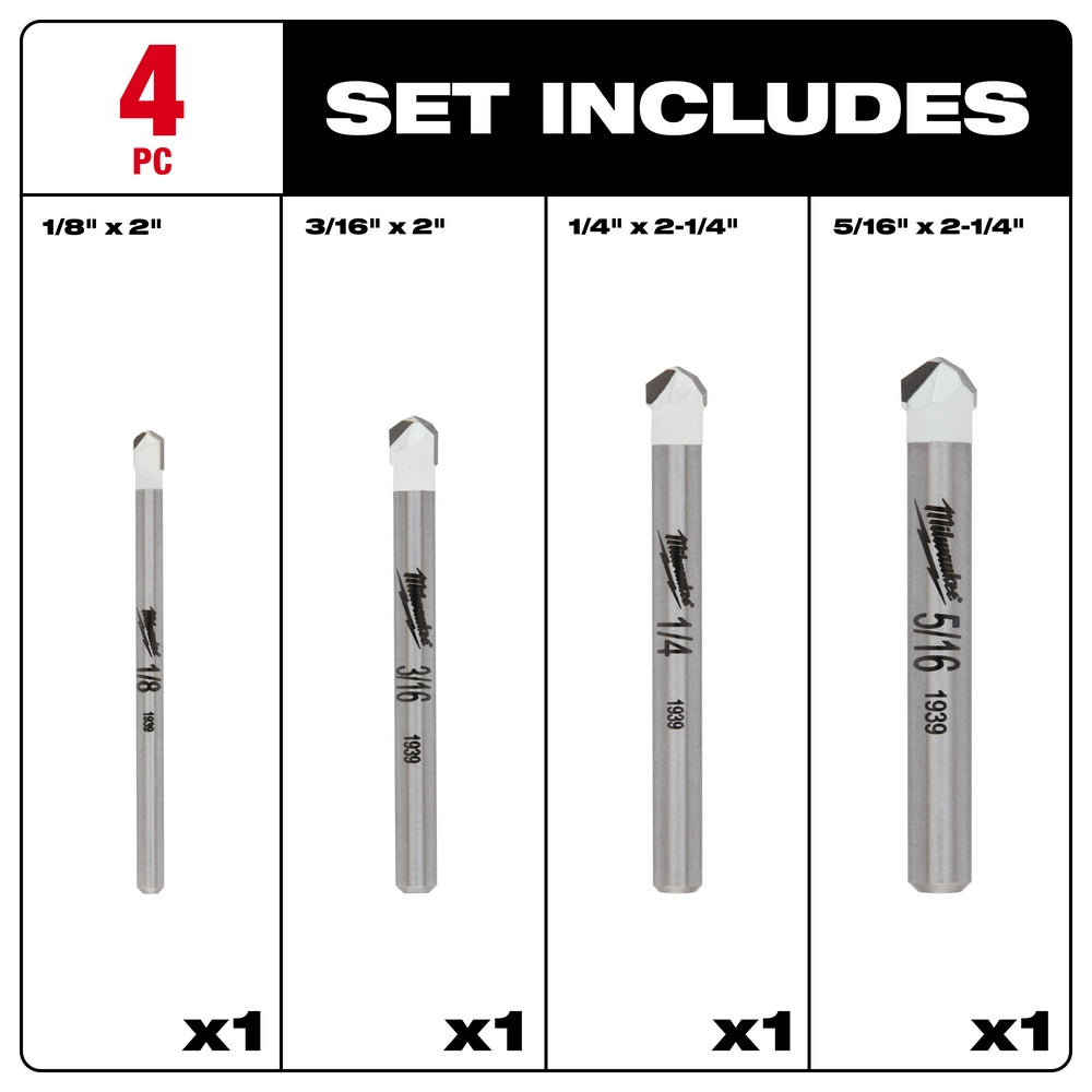Four tile and stone drill bits in sizes 1/8", 3/16", 1/4", and 5/16" with pointed tips and gray shafts.