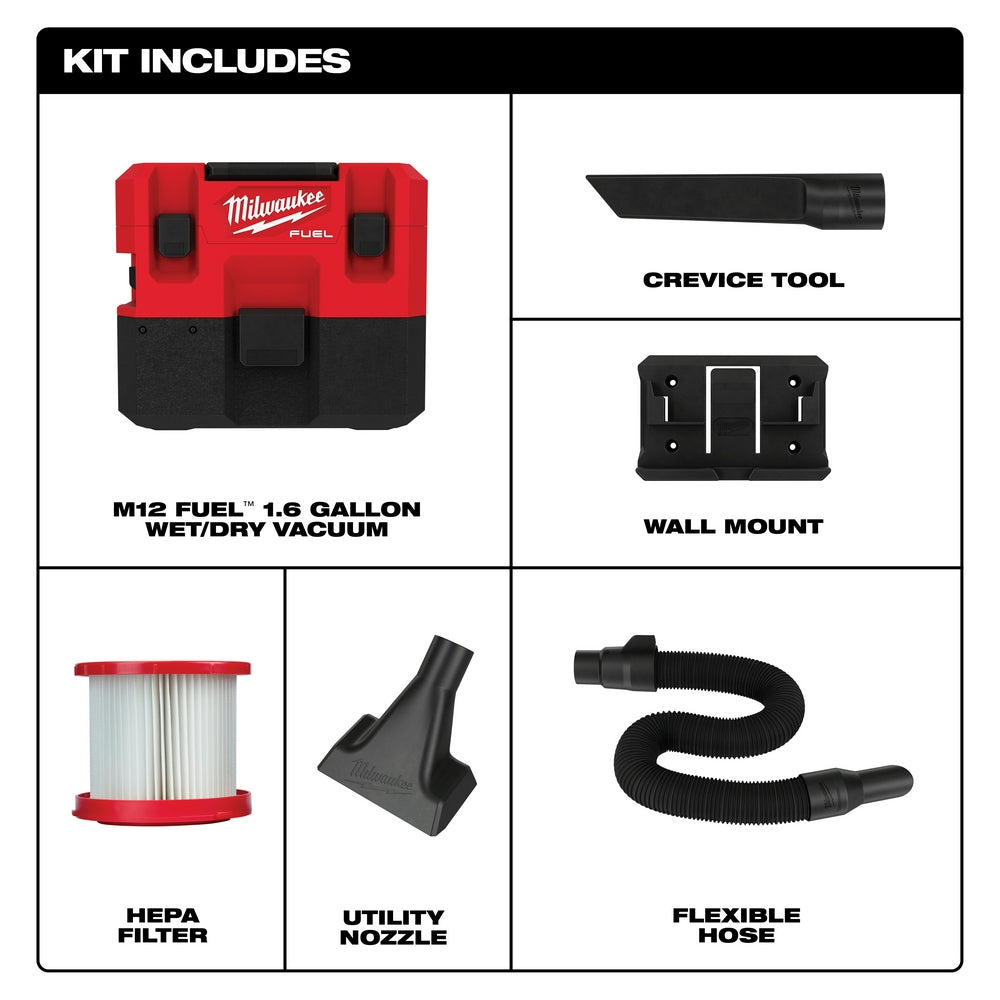 Red and black M12 FUEL wet/dry vacuum with crevice tool, wall mount, HEPA filter, utility nozzle, and flexible hose.