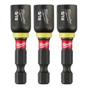 Three Milwaukee Shockwave Impact Duty magnetic nut drivers with black hex sockets, yellow sleeves, red bands, and black bit h