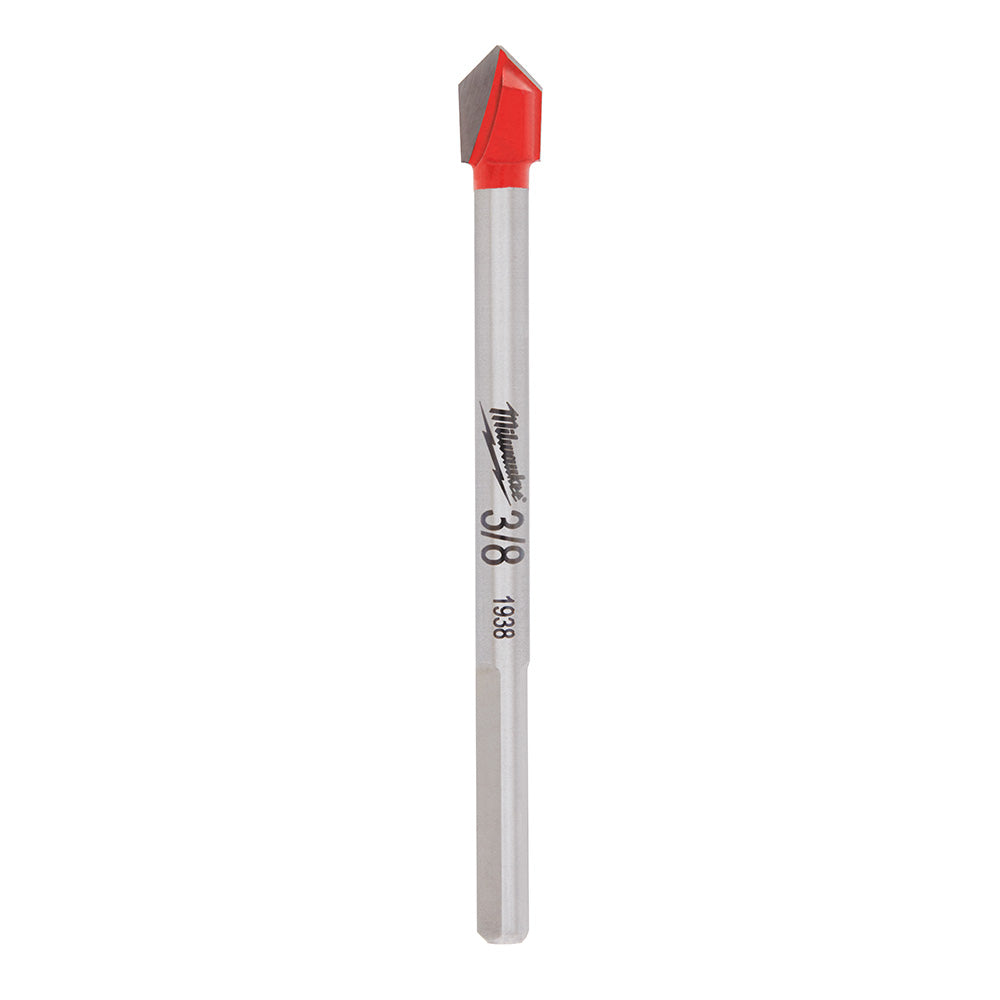 Milwaukee carbide drill bit with 3/8 inch size marking, red tip and gray shaft.