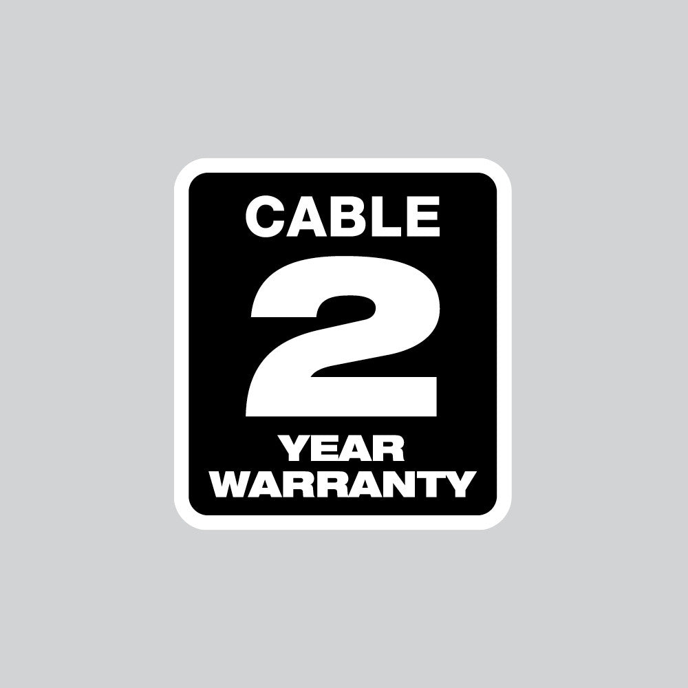 Black and white warranty label showing "Cable 2 Year Warranty" text in white on black background with rounded corners.