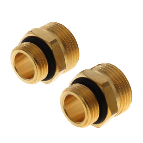 Two brass threaded fittings with black O-rings, 1/2 inch male by 3/4 inch male connections.