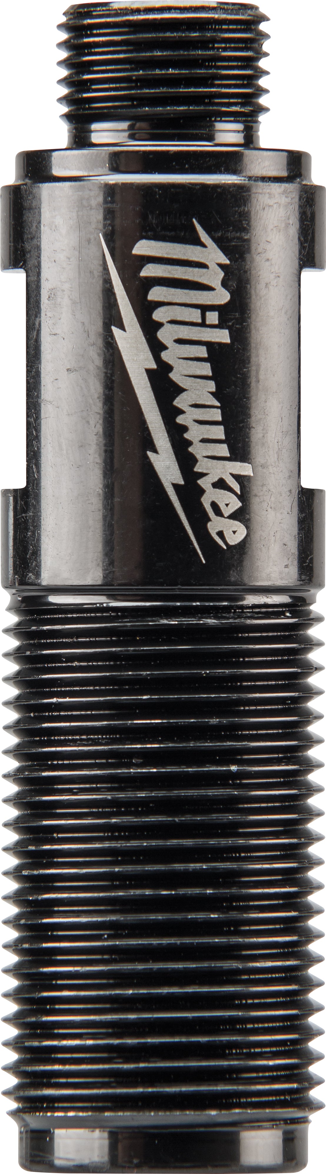 Black metal draw stud with Milwaukee branding, threaded shaft on bottom and top, cylindrical body with grooved texture.