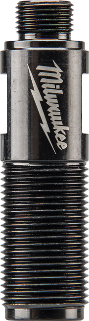 Black metal draw stud with Milwaukee branding, threaded shaft on bottom and top, cylindrical body with grooved texture.