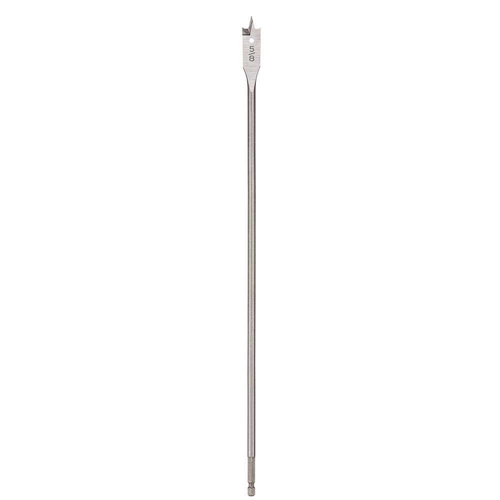 Long flat boring bit with spade-style cutting head and hex shank, marked with size measurements on the upper shaft.