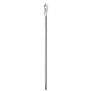 Long flat boring bit with spade-style cutting head and hex shank, marked with size measurements on the upper shaft.