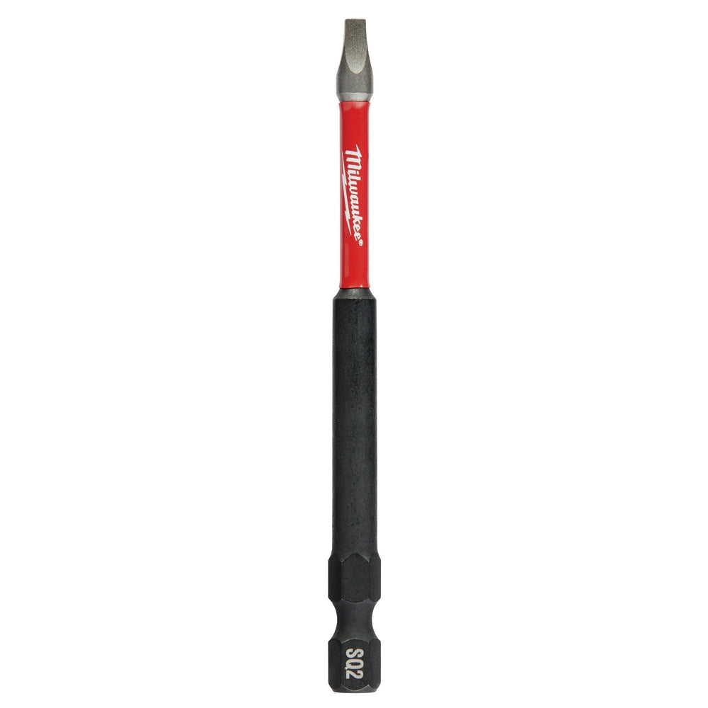 Milwaukee Shockwave impact square recess #2 power bit with red and black shaft, 3-1/2 inches long.