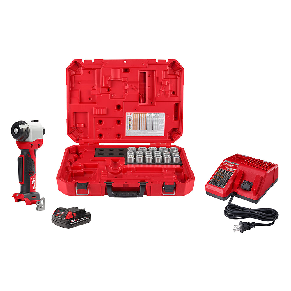 Milwaukee M18 cable stripper kit with red carrying case, stripper head, bushings, battery, and dual-port charger.