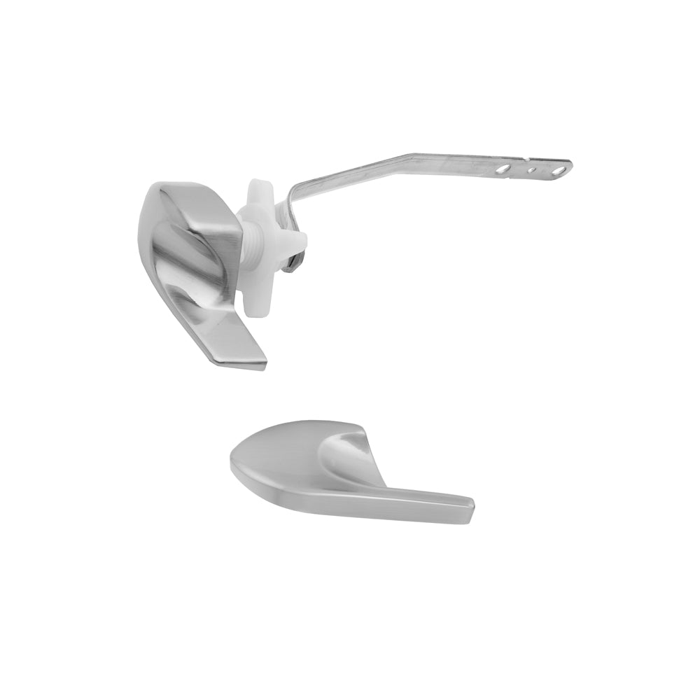 Matte black toilet tank trip lever assembly with metal arm and white plastic mounting bracket.