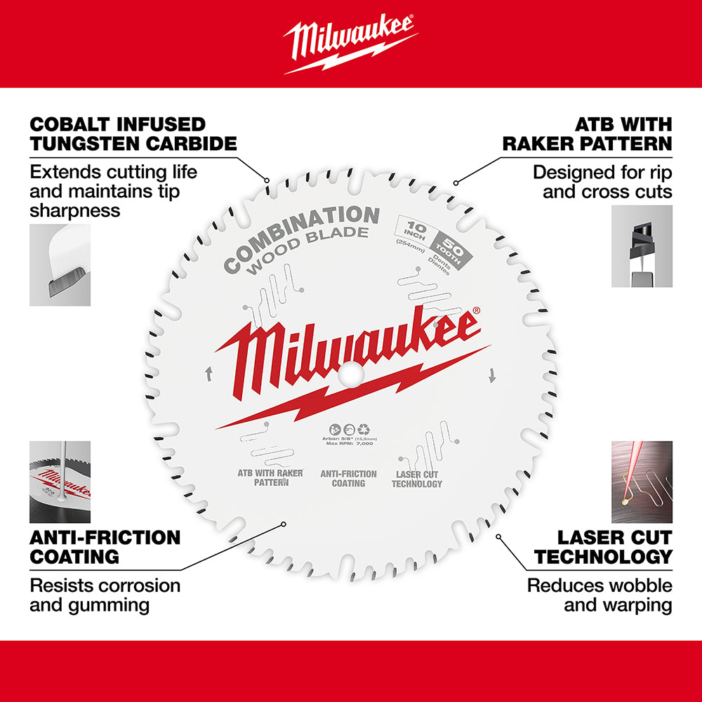 Milwaukee 10-inch combination circular saw blade with 50 teeth and cobalt tungsten carbide construction.