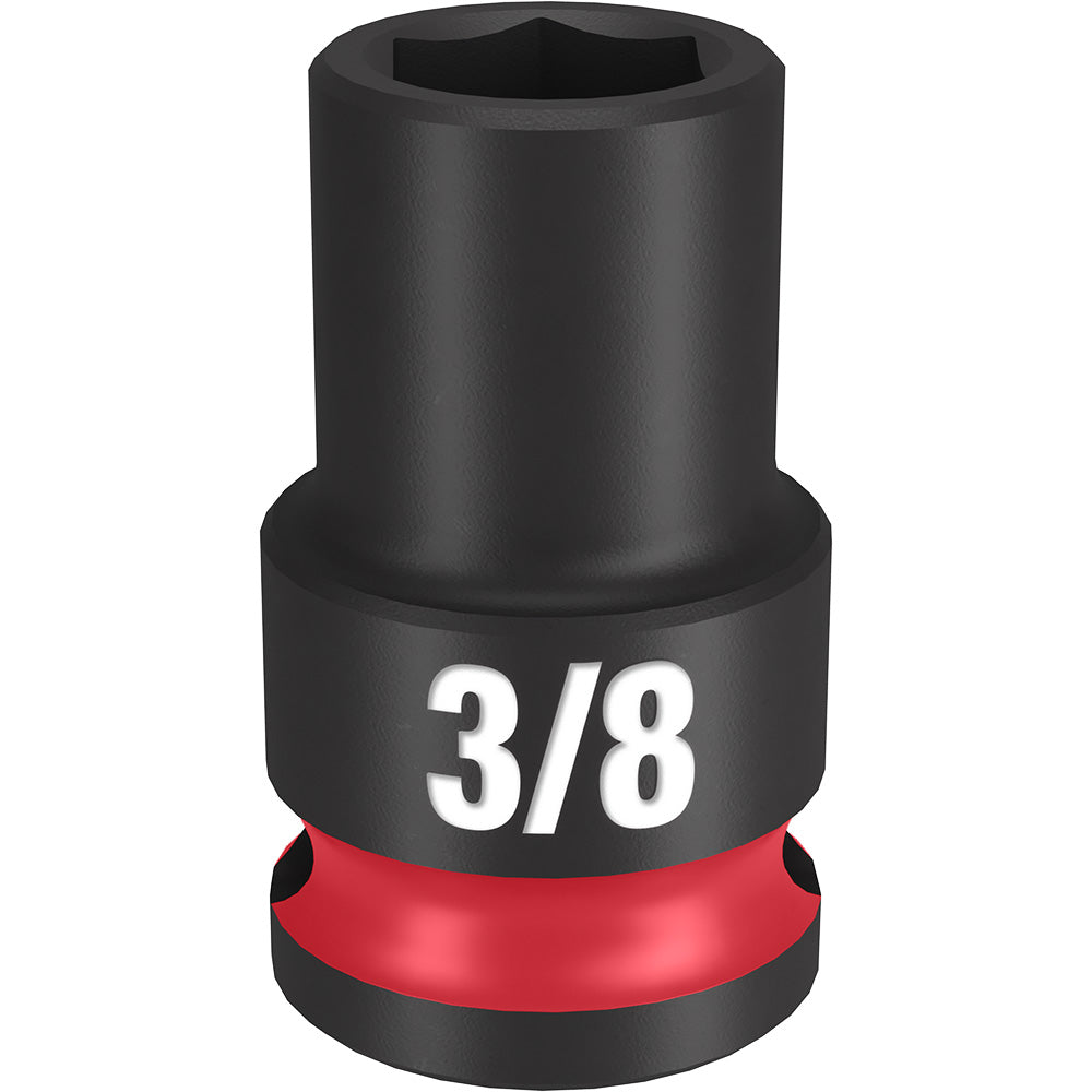 Black impact socket with 3/8" size marking and red impact ring, hexagonal opening at top.